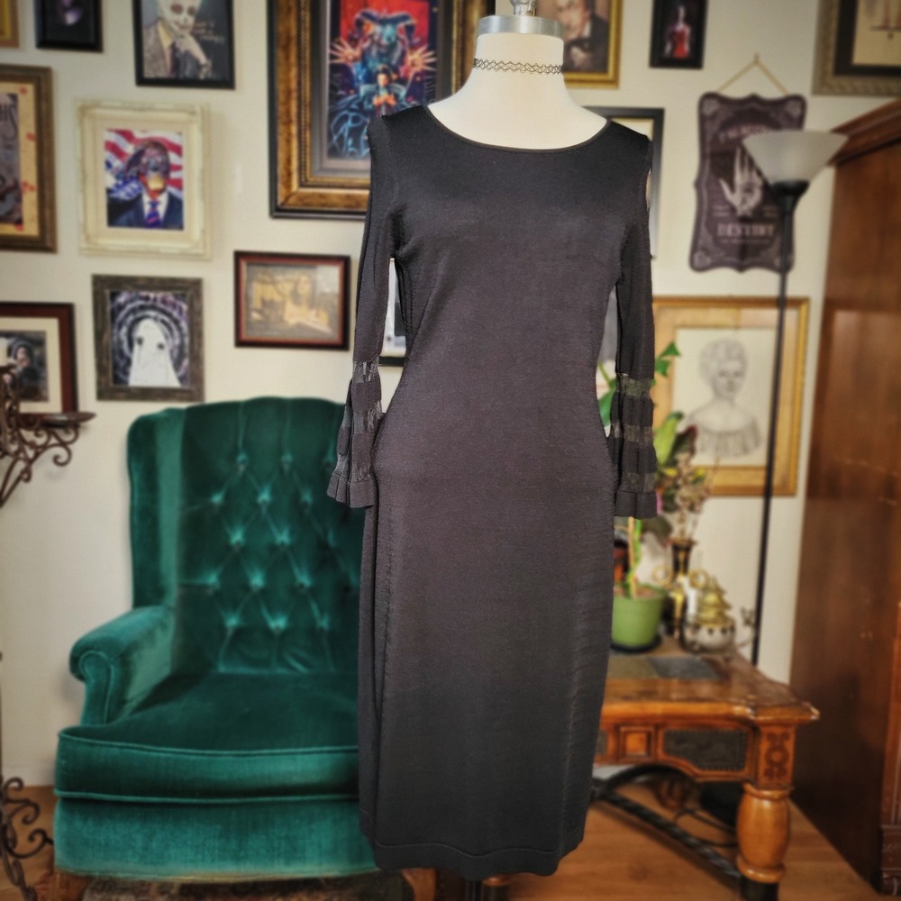 CALVIN KLEIN Womens Black Midi‎ Ruffle Trim Sleeve Sheath Dress - Medium